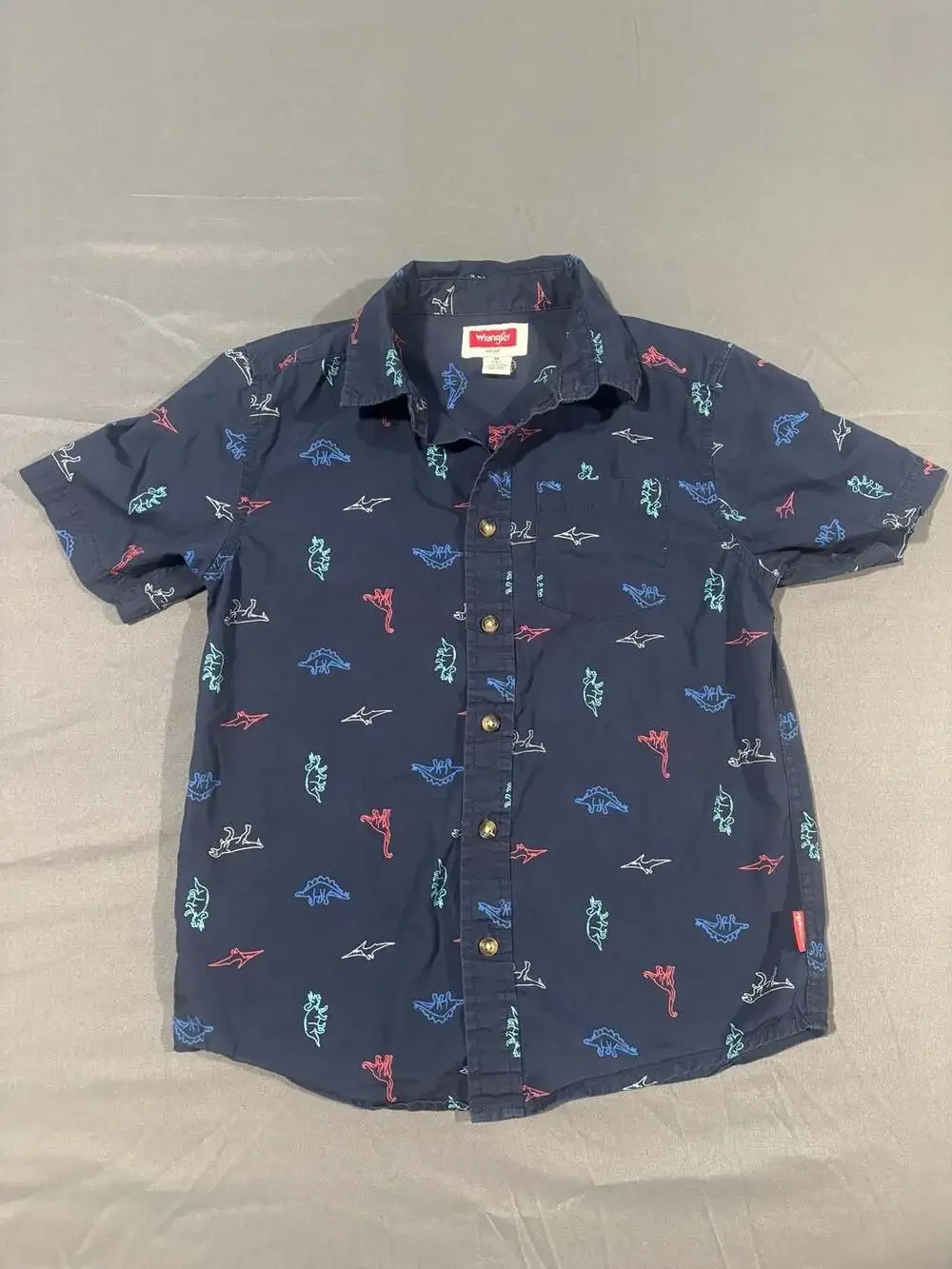 Wrangler Dinosaur Print Short Sleeve Button-Down Shirt Boys Size M (8) Navy Blue
